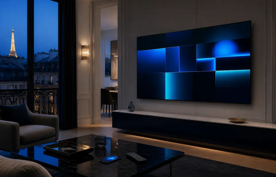 Télévision connectée dans un salon parisien contemporain